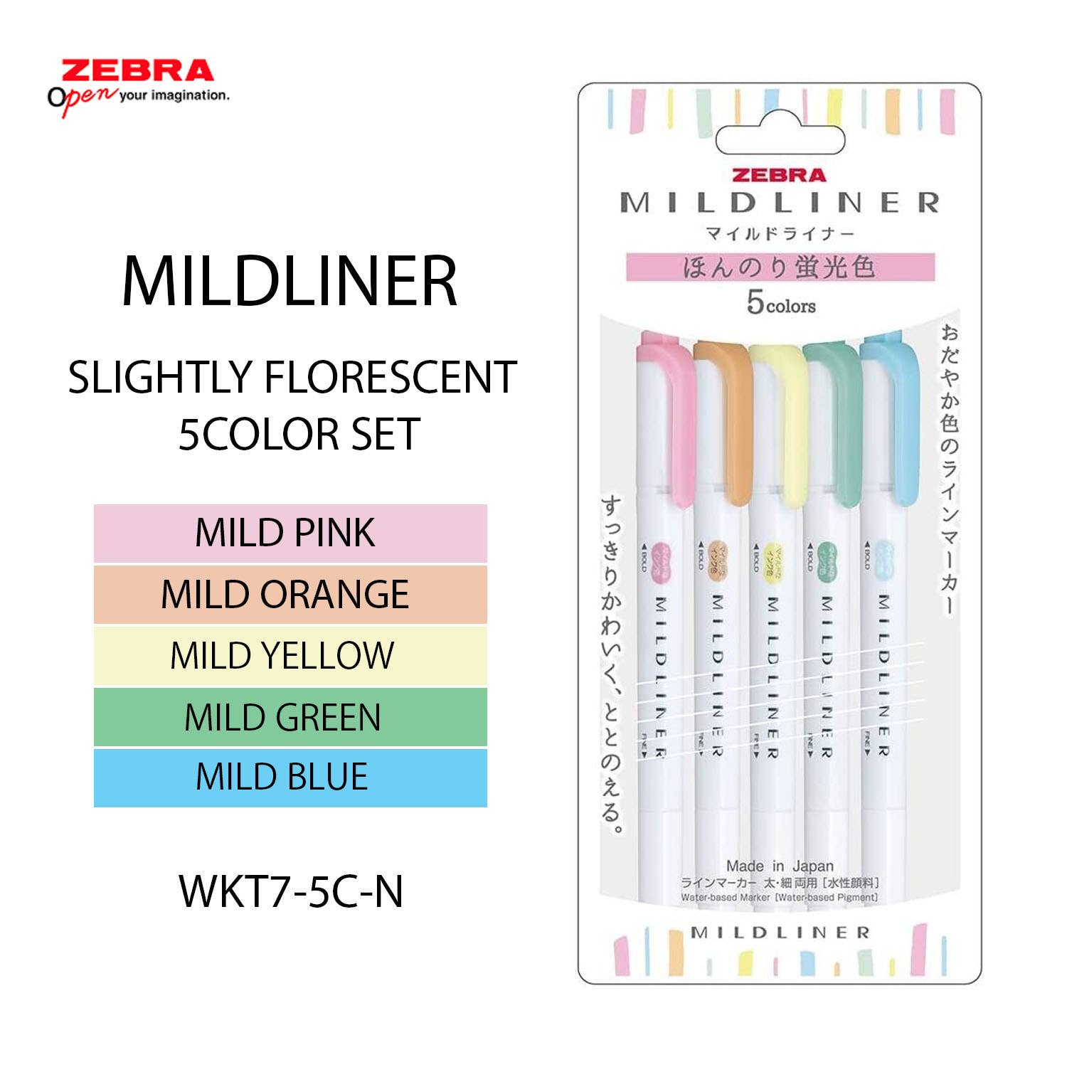 ZEBRA Mildliner Highlighter 5COLOR SET: SLIGHTLY FLORESCENT COLOR